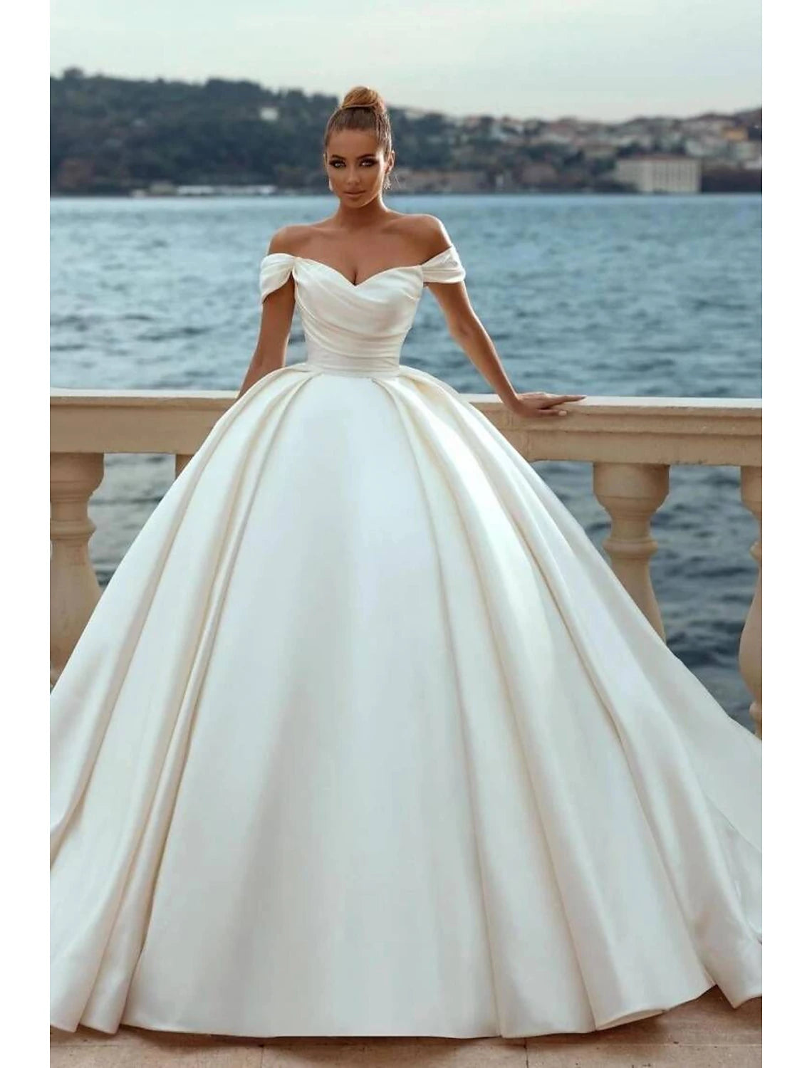 Quality Driven Apparel Engagement Formal Wedding Dresses Ball Gown Off Shoulder Cap Sleeve Court Train Satin Church Bridal Gowns With Ruched Solid Color Summer Fall Wedding Party