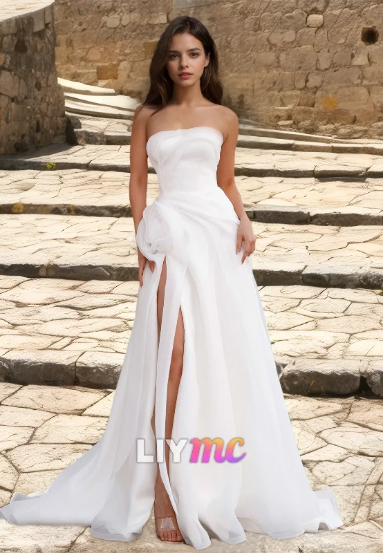 Season Appropriate Women's Collection Off-Shoulder Sleeveless Side Slit Floral Embellished A-Line Wedding Dress