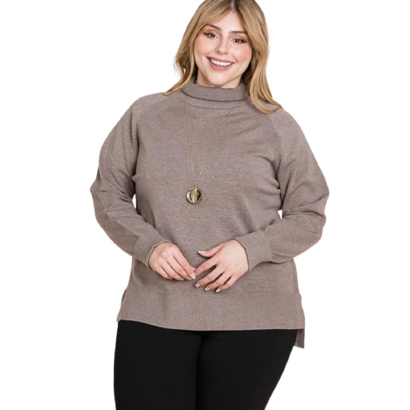 Evening Elegance Plus Size High Quality Buttery Soft Solid Knit Turtleneck Two Tone High Low Hem Sweater