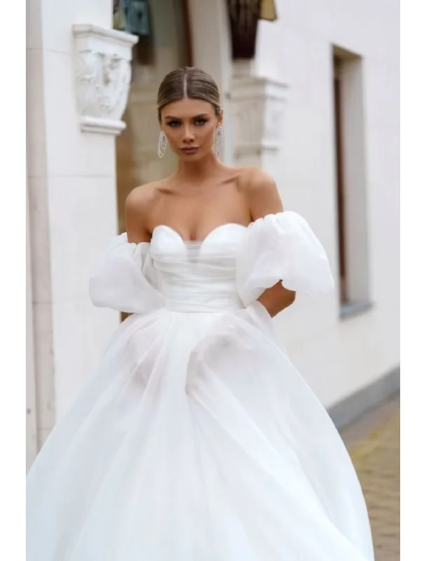 Affordable Online Boutique Beach Casual Wedding Dresses Court Train A-Line Short Sleeve Off Shoulder Satin With Solid Color