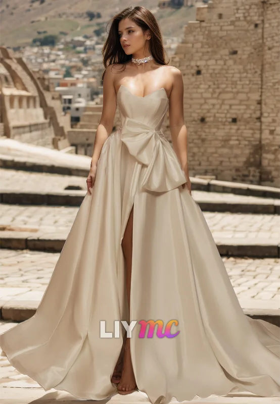 Trend Driven Wardrobe V-Neck Strapless Sleek Bowknot Pleated Satin A-Line Wedding Dress