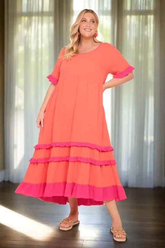 Seasonal Trends Sabre Crinkle Cotton Frill Dress in Sunset