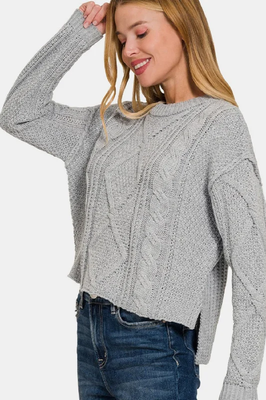 Women's Fashion Clothing Cropped High Low Cable Sweater with Side Slits