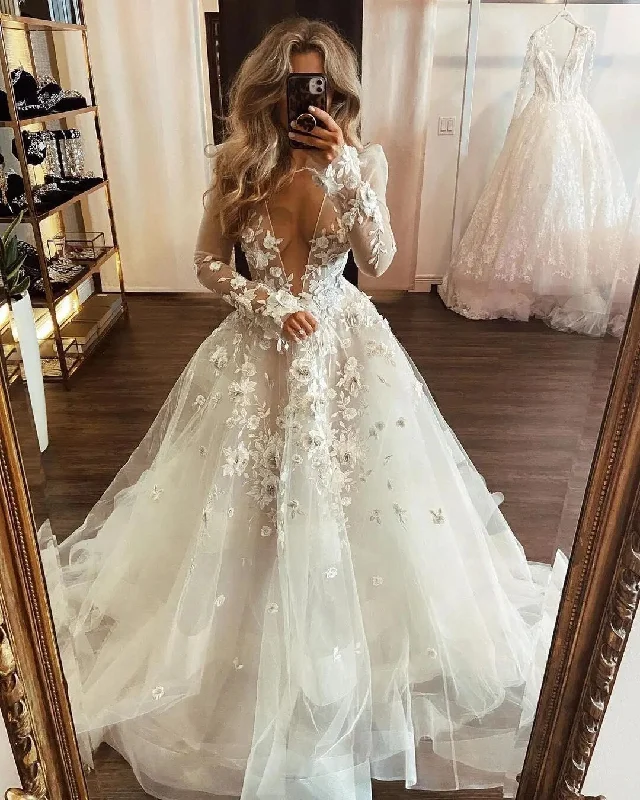 Casual Women's Clothing V Neck A Line Wedding Dress Appliques Brides Dress Tulle Long Sleeves Wedding Gown Court Train Bridal Dress