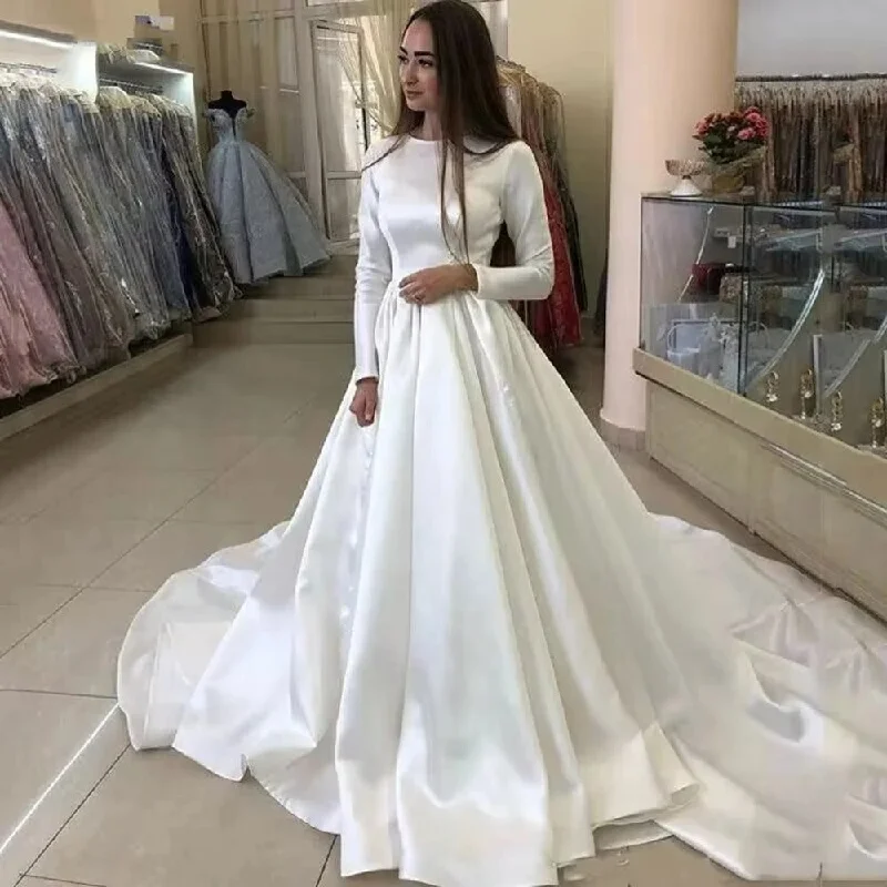 Holiday Discount Princess Wedding Dresses Satin Long Sleeve Muslim Wedding Bride Dresses Long Train White Wedding Gown Vestido de novia