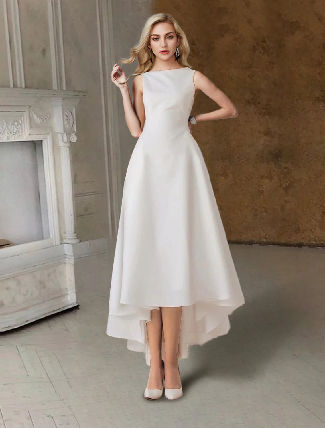 Stay Ahead In Style Hall Little White Dresses Wedding Dresses A-Line Scoop Neck Sleeveless Tea Length Satin Bridal Gowns With Pleats Solid Color