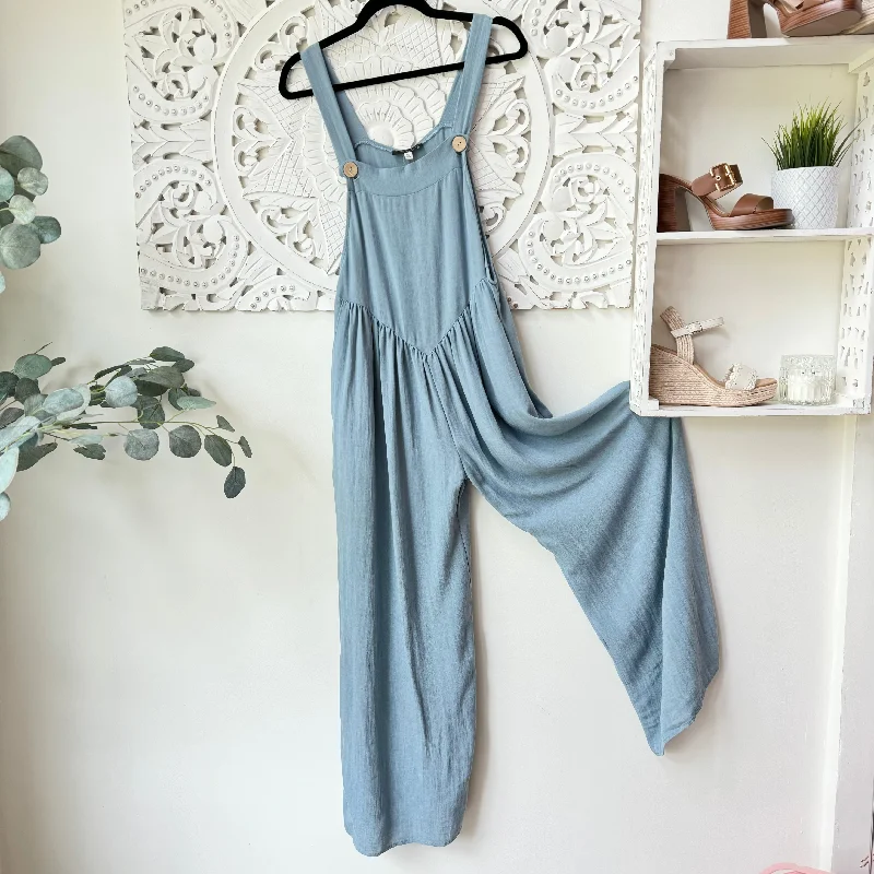 Festival Fashion So Darling Button Up Wide Leg Jumpsuit in Blue