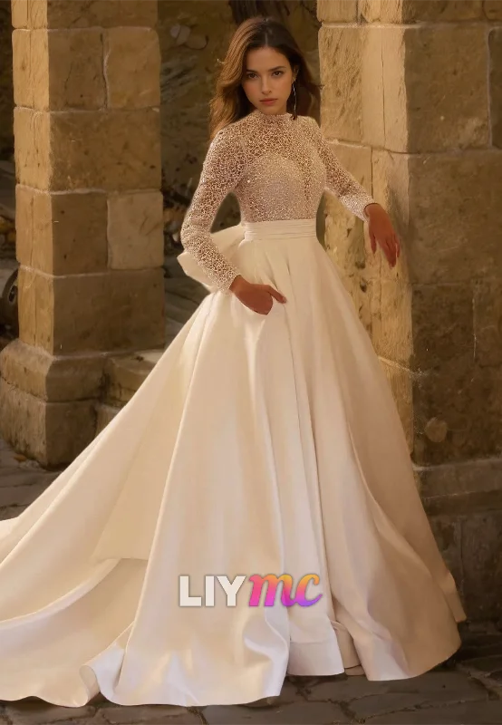 Must Haves High Neck Long Sleeves Appliques Pleated Satin A-Line Wedding Dress