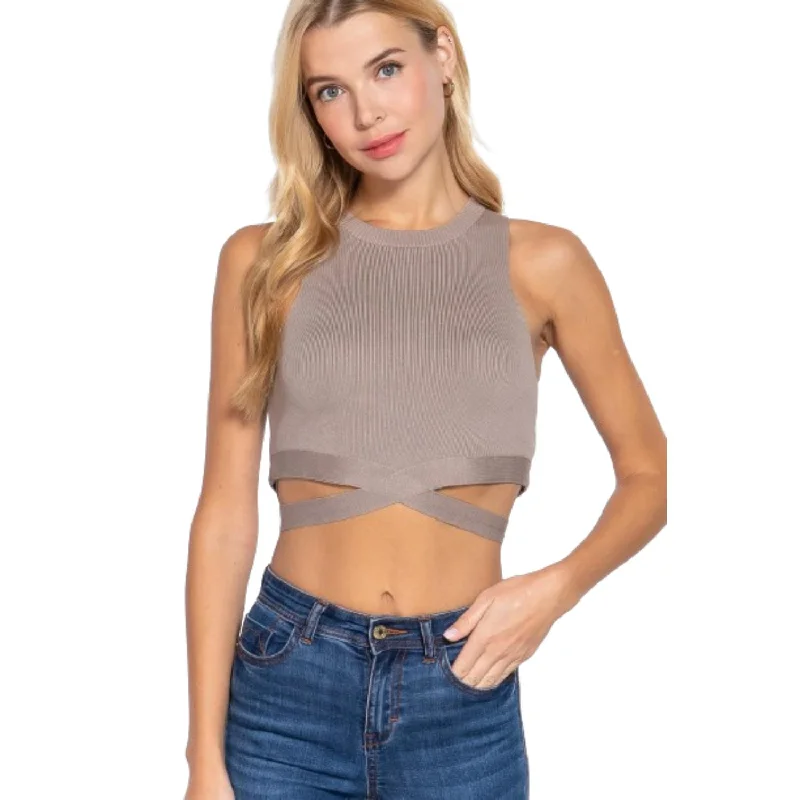 Preppy Style Sleeveless Crew Neck Waist Tie Crop Sweater Top