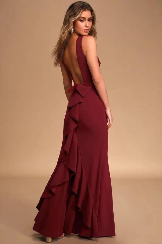 Sale Clearance Forever Romance Burgundy Backless Ruffled Maxi Dress