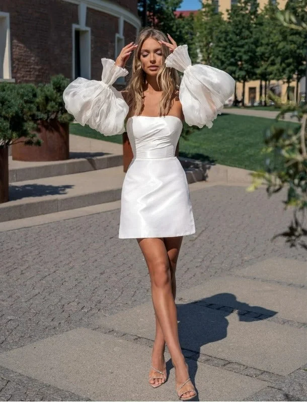 End Of Season Sale Elegant Short Wedding Dresses Long Puff Sleeves Open Back Sheath Satin Simple Strapless Bridal Gown Above Knee Vestidos De Noiva