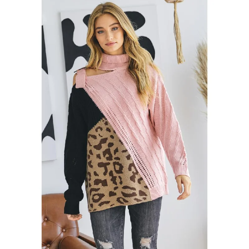 Street Style Fashion Turtle Neck Color Block Cutout Sweater