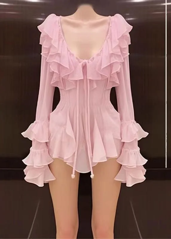 Casual Women's Clothing Online Novelty Pink Ruffled Lace Up Chiffon Mid Dress Long Sleeve