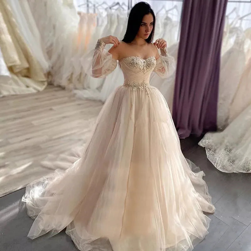 Women's Evening Wear Boho Wedding Dress Sweetheart Appliques Lace A-Line Puffy Sleeves Princess Elegant Wedding Gown Bride Dresses