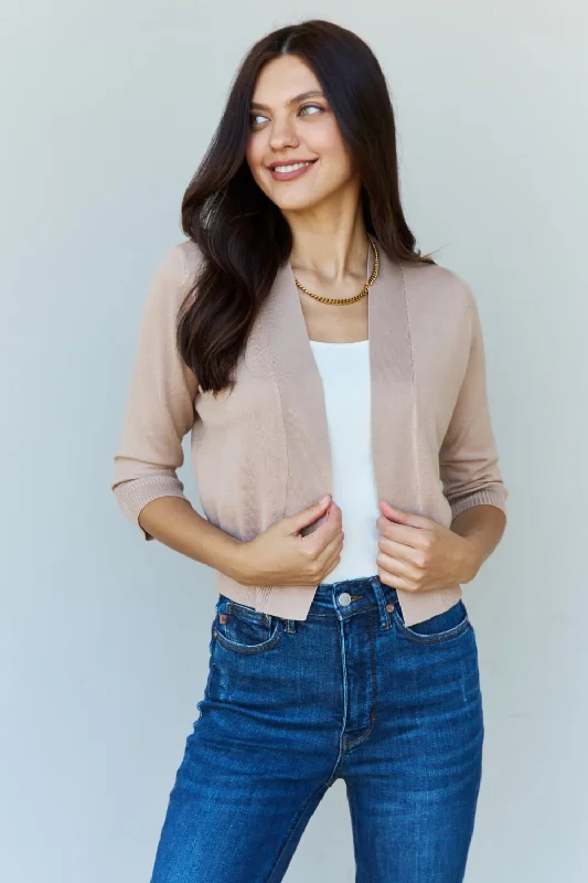 Trend Alert My Favorite Full Size 3/4 Sleeve Cropped Cardigan in Khaki