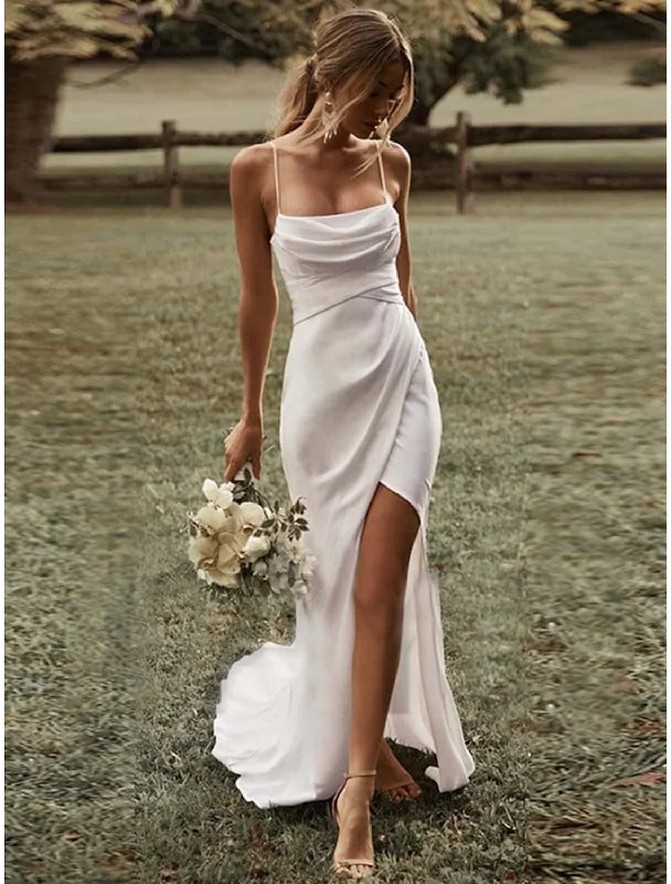 Chic Wardrobe Beach Sexy Casual Wedding Dresses Sweep / Brush Train Sheath / Column Sleeveless Square Spaghetti Strap Stretch Fabric With Ruched Split Front