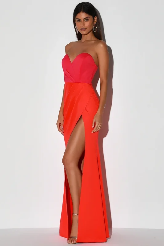 Minimalist Style Spotlight On You Fuchsia and Coral Orange Strapless Maxi Dress