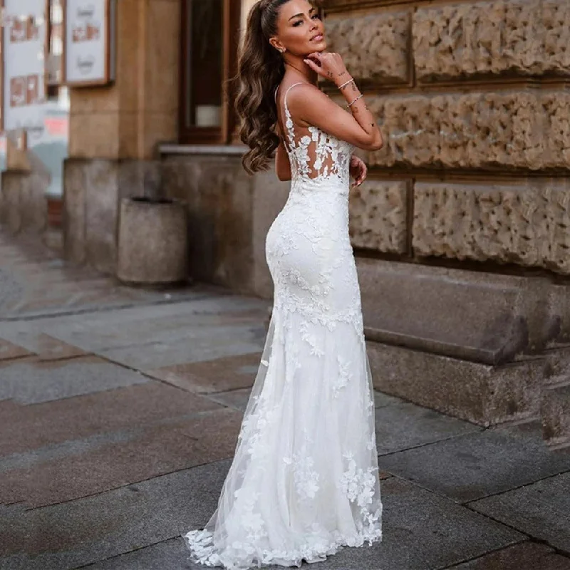 Plus Size Women's Fashion Lace Mermaid Wedding Dresses Spaghetti Straps Lace Appliques Bride Dress V Neck Elegant Soft Tulle Wedding Gowns