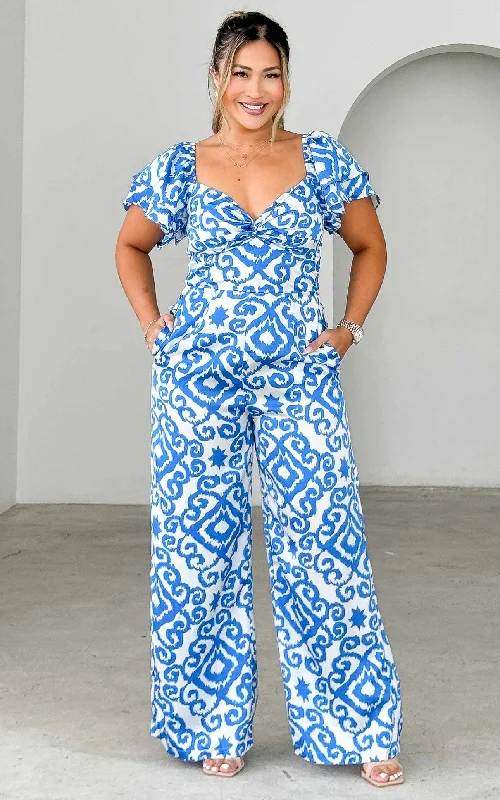 Vibrant Femme Fashion Harley Wide Leg Jumpsuit - Blue Print