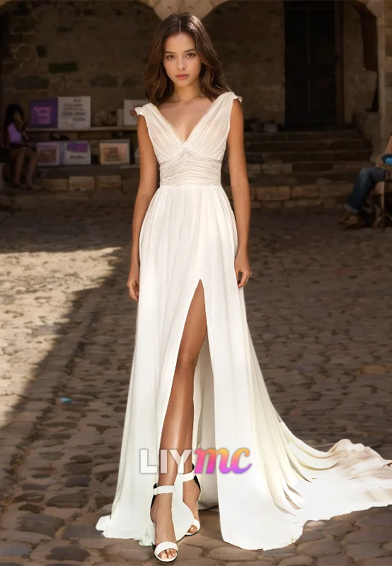 Sophisticated Fashion V-Neck Sleeveless Pleated Side Slit Pleated A-Line Beach Wedding Dress