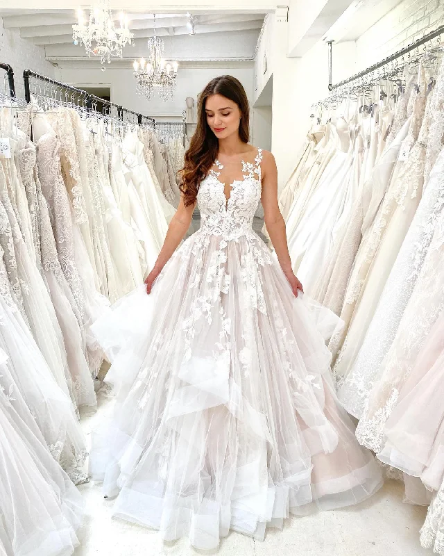 Latest Fashion for Women Vintage Wedding Dresses Lace O-Neck Appliques Lace A-Line Princess Wedding Gown Tulle Bride Dress  suknia slubna