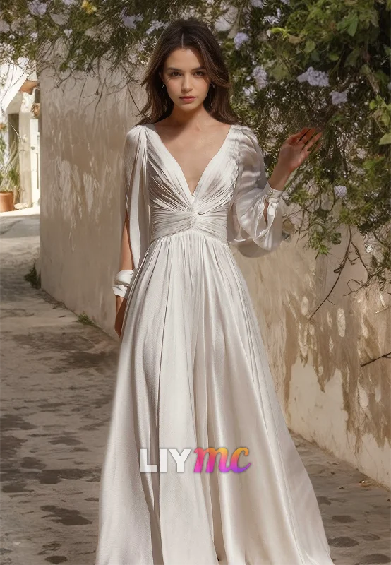 Fashion Sale V-Neck Long Sleeves Chiffon Pleated A-Line Beach Wedding Dress