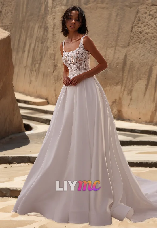 Unbeatable Prices Square Straps Sleeveless Appliques Pleated A-Line Wedding Dress