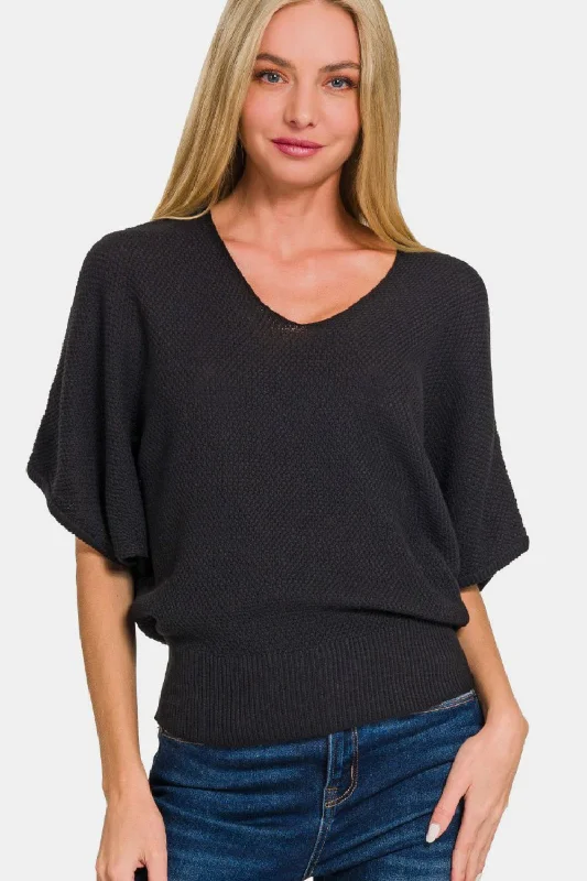 Trendy Women's Apparel V-Neck Short Sleeve Dolman Sweater