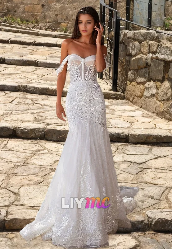 New Season Fashion Preview Off-Shoulder Strapless Appliques Tulle Mermaid Wedding Dress