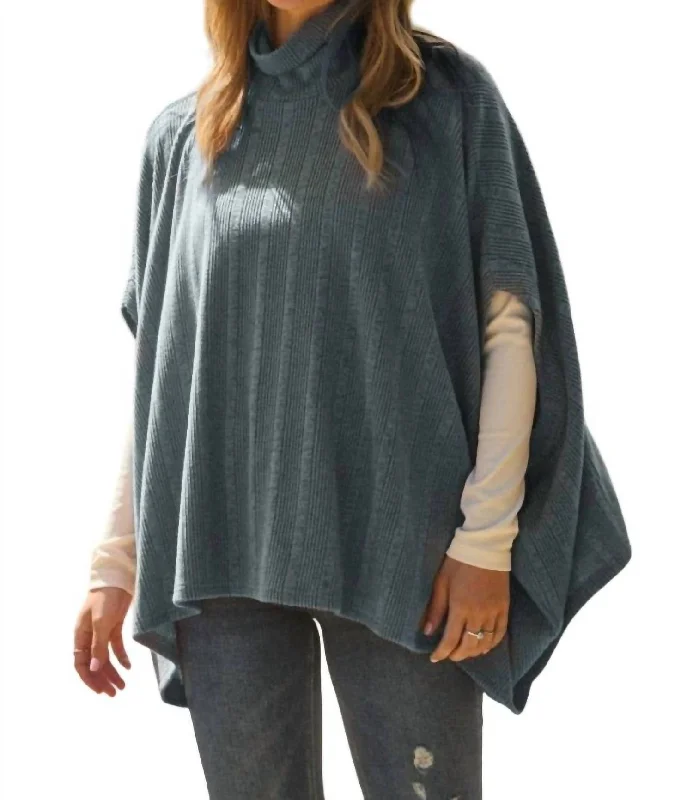 Chic Wardrobe Bambi Turtleneck Poncho In Steal Blue