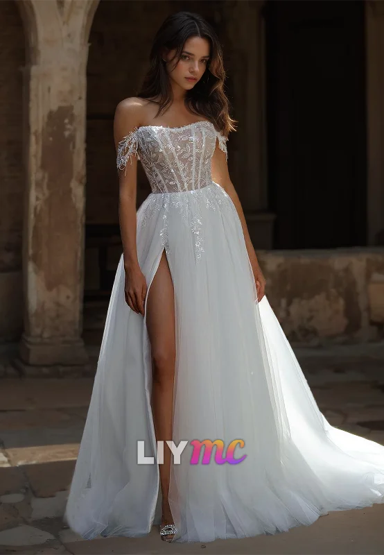 Online Boutiques Clothing Off-Shoulder Sleeveless Appliques Tulle Ball Gown Wedding Dress