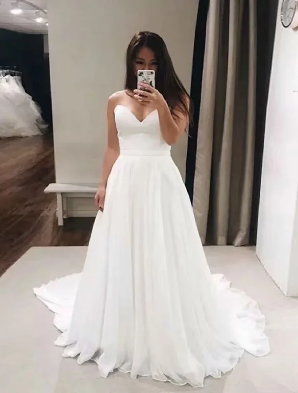 Chic Women's Outfit Ideas Hall Casual Formal Wedding Dresses Court Train A-Line Sleeveless Strapless Chiffon With Solid Color