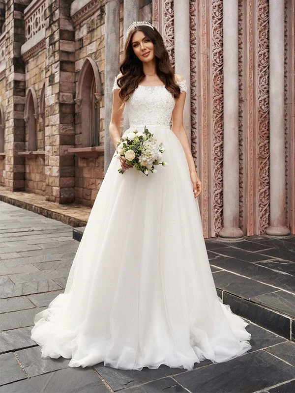 Flash Sales Today A-Line/Princess Applique Off-the-Shoulder Sleeveless Tulle Court Train Wedding Dresses