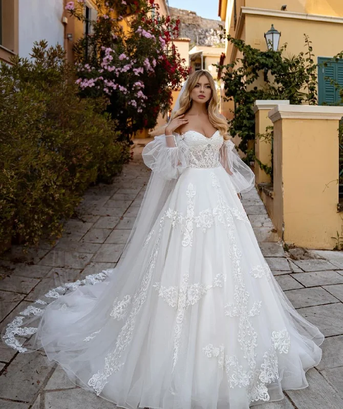 Snag Fabulous Fashion Bargains Illusion Tulle Princess Wedding Dress Puff Sleeves Off Shoulder Bridal Gown Sweetheart Appliques Lace vestidos de noiva