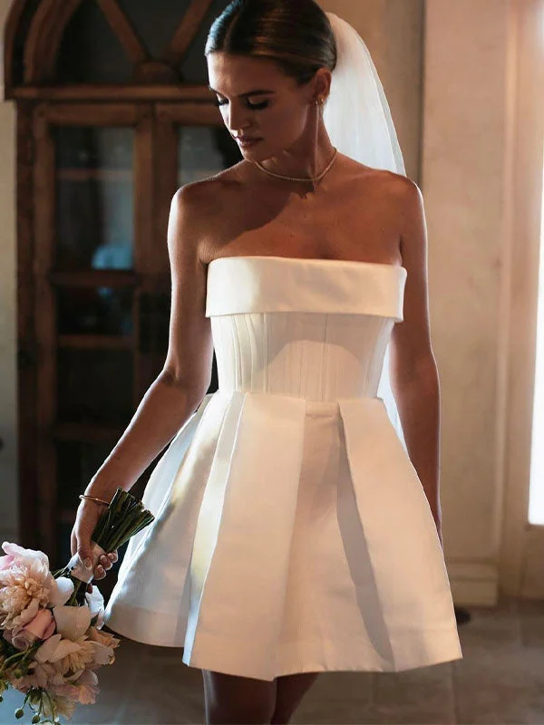 Everyday Basics Elegant Strapless White Wedding Dress For Women Backless A Line Simple Short Above Knee Mini Bridal Gown Robe De Mariee