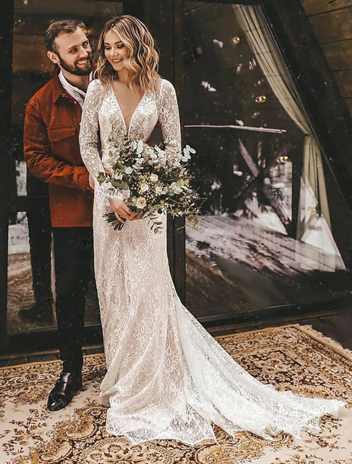 Latest Fashion A-Line Fall Wedding Dresses Ankle Length Vintage Little White Dresses Long Sleeve V Neck Chiffon Outdoor Bridal Gowns With Solid Color