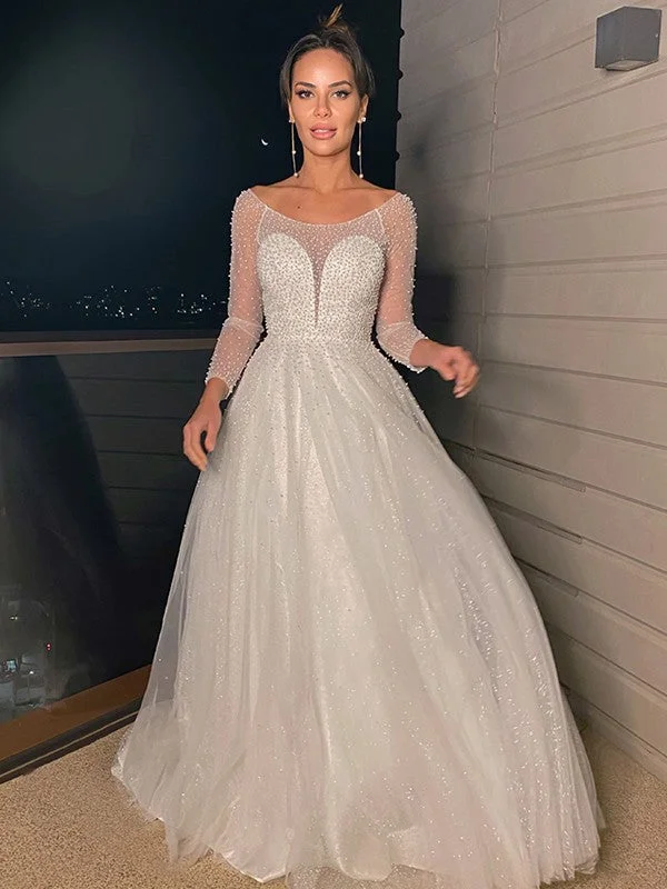 Trendy Online Boutiques A-Line/Princess Beading Scoop Tulle Long Sleeves Sweep/Brush Train Wedding Dresses