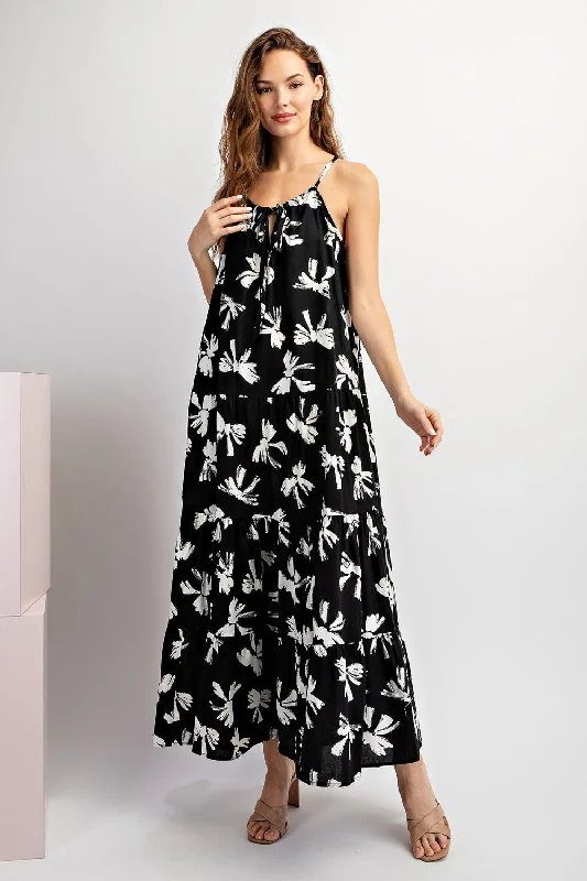 Seasonal Trends Black Bow Print Halter Front Tie Tiered Maxi Dress