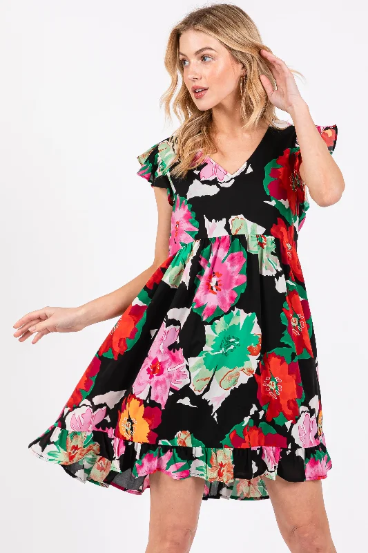 Outfits For Women Black Floral Ruffle Shoulder Dress