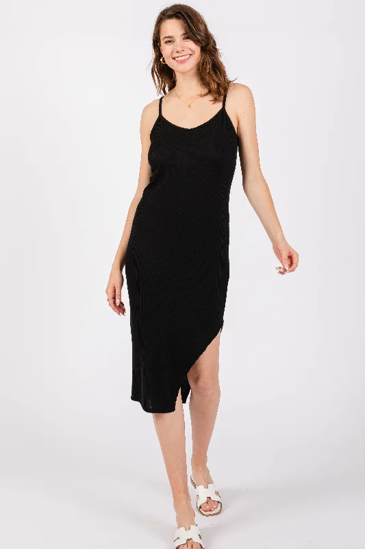 Eclectic Fashion Black Ribbed Side Slit Sleeveless Midi Dress