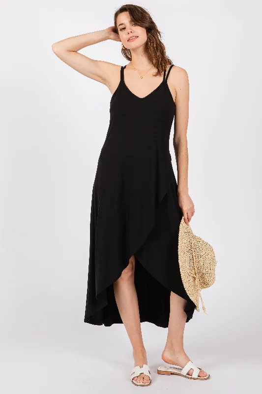 Sporty Streetwear Black Sleeveless Crisscross High-Low Wrap Midi Dress