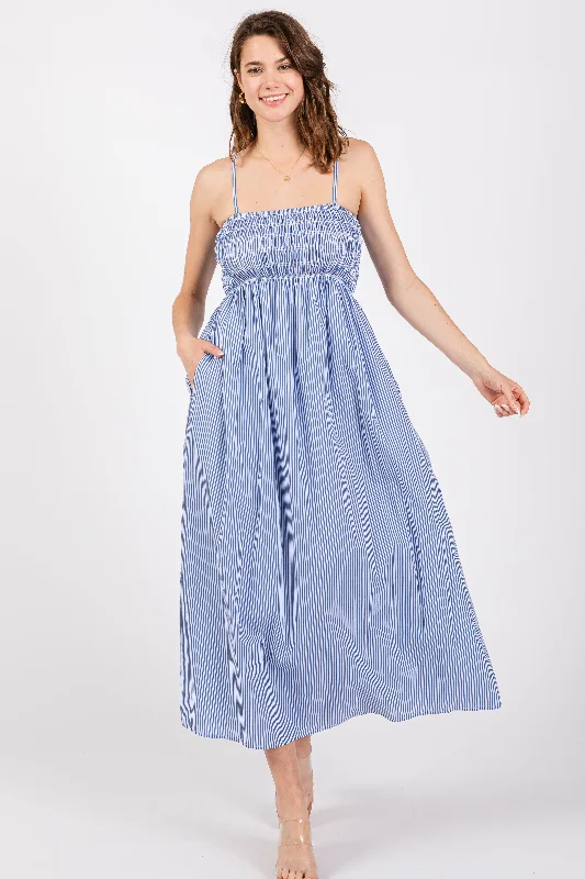 High End Fashion Blue Bartlett Striped Smocked Midi Dress