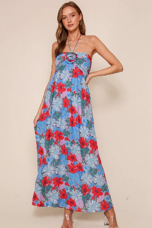 Chic Wardrobe Blue Floral Halter Maxi Dress