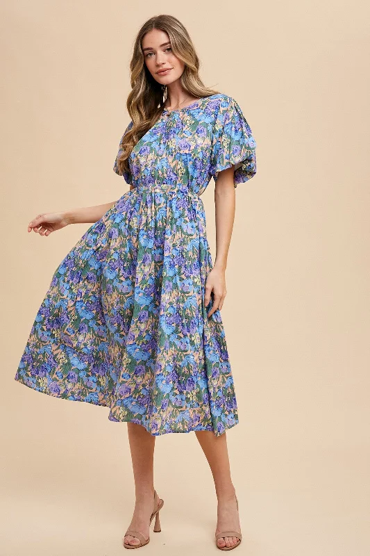 Colorful Clothing Blue Multi Floral Printed Crew Neck Puff Sleeve Midi Dress