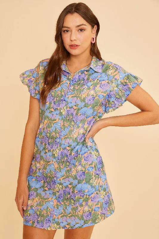 Online Impressions Boutique Blue Multi Floral Printed Frill Sleeve Shirt Mini Dress