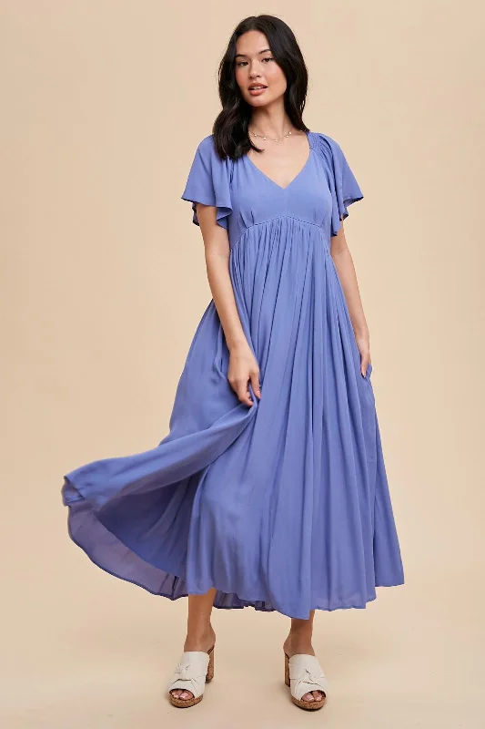 Premium Fashion Blue V-Neck Flutter Short Sleeve Midi Dress