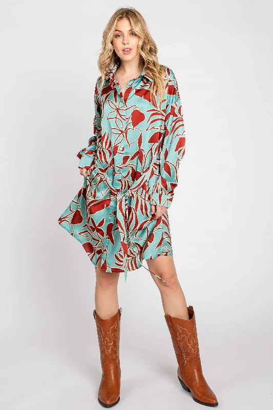 Vibrant Femme Fashion Brown Leaf Print Satin Button Down Dress