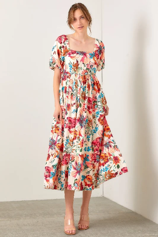 Trendy Street Style Clothing Cream Floral Puff Sleeve Midi Dress