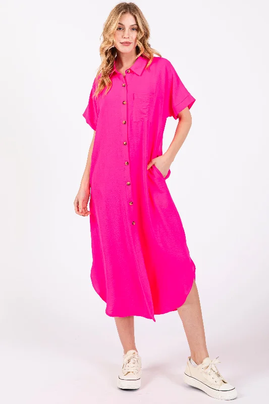 Mega Sales Fuchsia Button Down Front Pocket Midi Dress