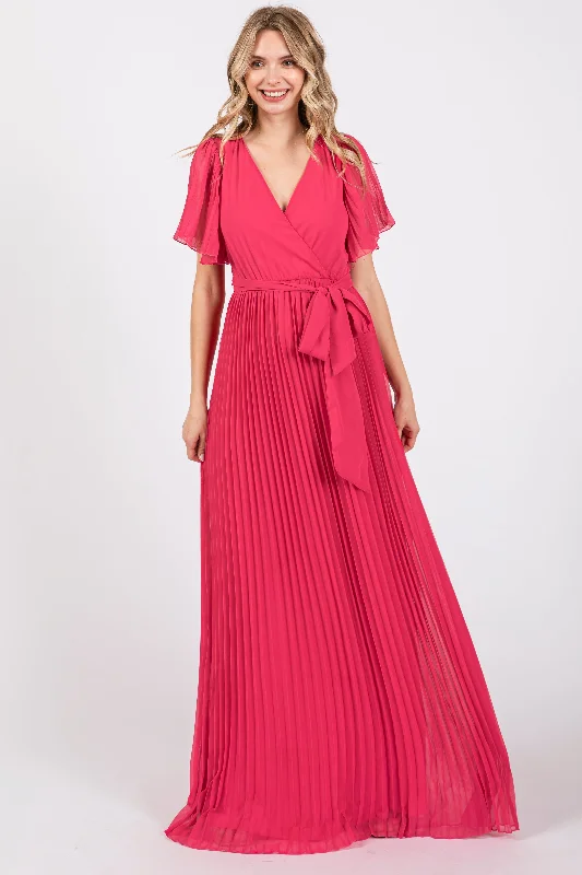 Online Shopping Boutiques Fuchsia Chiffon Wrap Front V-Neck Short Sleeve Pleated Maxi Dress